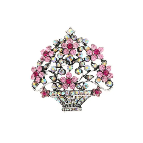 Vintage Legering Strass Bloemenmand Brosche Roze AB Kleur Kristal Bloemen Speld Voor Vrouwen Accessoires Sieraden Cadeau
