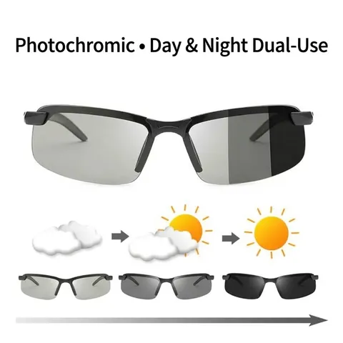 Herren Photochromatische Polarisierte Sonnenbrille Tag Nachtsicht Fahren Angeln Halbrand Metallrahmen AC Linsen Quadratisch