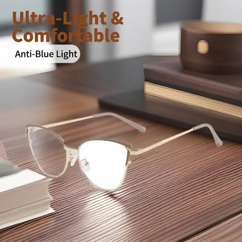 Women Fashion Cat Eye Glasses Frame Anti-Blue Light Metal Frame Ultra Light Butterfly Eyeglasses Frame Clear Lens Optical Spectacles For Large Face