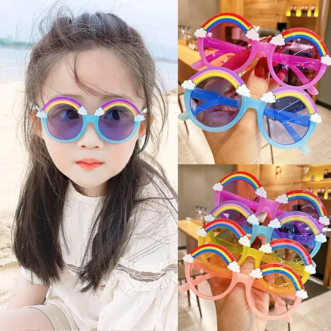 Kids Rainbow Sunglasses Round Frame Cute Cartoon Cloud Decoration Sun Protection Colorful Outdoor Eyewear For Boys Girls