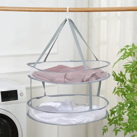 Foldable Hanging Drying Net Polyester Mesh Clothes Dryer For Socks Underwear Flat Drying Rack With Windproof Hook Home Laundry Tool