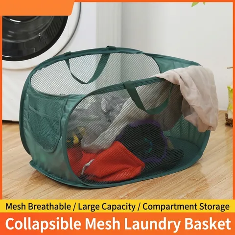 Foldable Mesh Laundry Basket Breathable Polyester Dirty Clothes Hamper Portable Storage Bag For Bathroom Bedroom Home Organization
