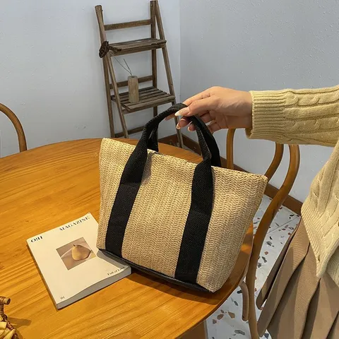 Bolso Tote de Paja Tejido a Mano para Mujer Estilo Pastoral Playa Vacaciones Bolso de Mano Con Asas de Lona Gran Capacidad Cierre de Cremallera