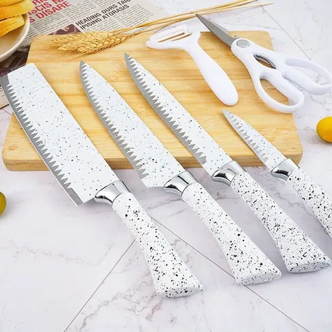 4Cr13 Stainless Steel Kitchen Knife Cleaver Utility Knife Scissors Peeler Marble Pattern Non-Stick Professional Chef Knife