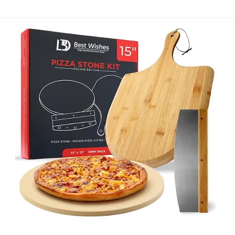 Pierre à Pizza Ronde en Céramique Avec Coupe-Pizza en Acier Inoxydable Ensemble de Pelle à Long Manche en Bois Plaque de Cuisson Résistante aux Hautes Températures