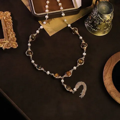 Πρωτότυπο Σχέδιο Φυσικό Μαργαριτάρι Tiger Eye Stone Μακρύ Κολιέ Βίντατζ Χειροποίητη Φούντα Αλυσίδα Πουλόβερ Κοσμήματα
