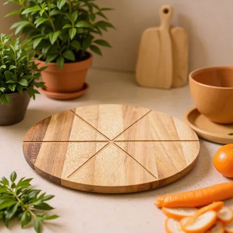 Rundes Eichenholz Schneidebrett Geometrisches Patchwork Pizza Tablett Funktionelles Küchen Hackblock Servierplatte