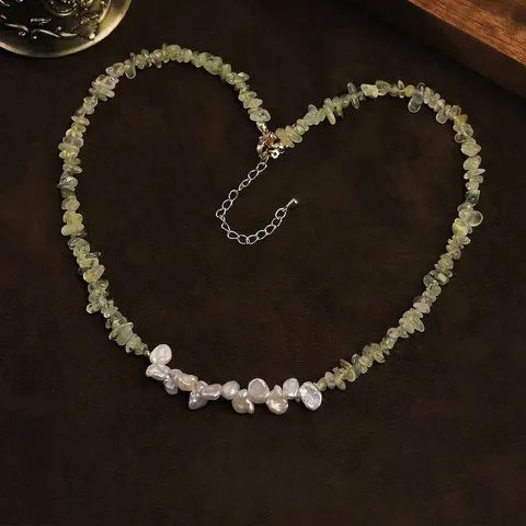 Baroque Artificial Pearl Prehnite Necklace For Women Irregular Grape Stone Clavicle Chain Retro Gold Plated Jewelry Gift