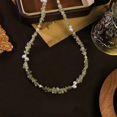 Natural Freshwater Pearl Prehnite Copper Bead Necklace Vintage Handcrafted Light Luxury Clavicle Chain Jewelry Accessory For Women