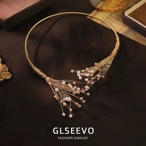 Collar Gargantilla de Perlas de Agua Dulce Naturales Envueltas en Alambre Vintage Chapado en Oro Cobre Multicapa para Mujer Joyería Elegante de Novia