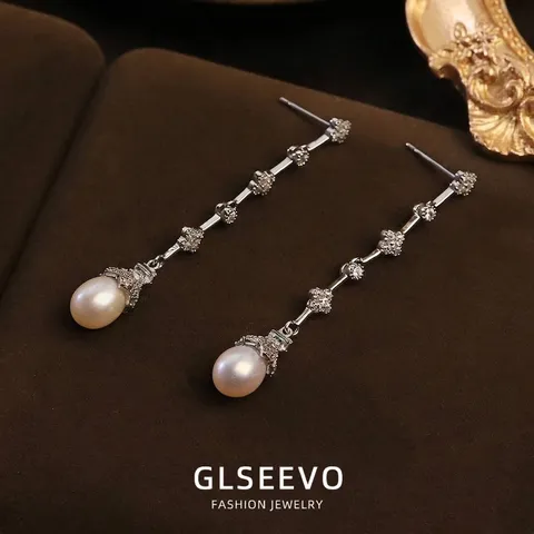 Pendientes Largos de Trébol de Cuatro Hojas con Perla Natural y Circonia Vintage Lujoso Poste de Plata de Ley 925 Cobre Chapado en Plata para Boda Mujer
