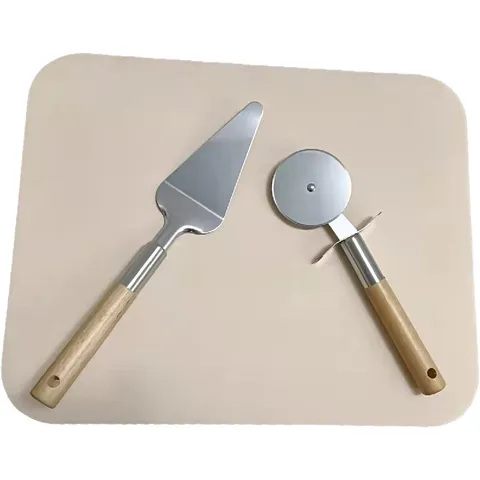 Cordieriet Pizzasteen Set Met Houten Handvat Roestvrij Staal Pizzaschep En Wielrollersnijder Hoge Temperatuur Bakgereedschap