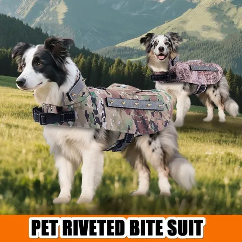 Polyester Camouflage Pet Anti-Bite Vest With Metal Spikes Reflective Strip Back Handle Protective Tactical Dog Clothing For Outdoor Sports