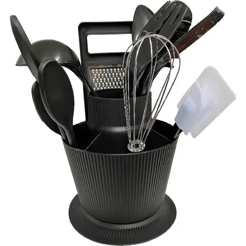 Modern Minimalistisch Zwart Keukengerei Set PP Roestvrij Staal Klopper Rasp Salade Schuimspaan Met Draaiende Voet Bakgerei