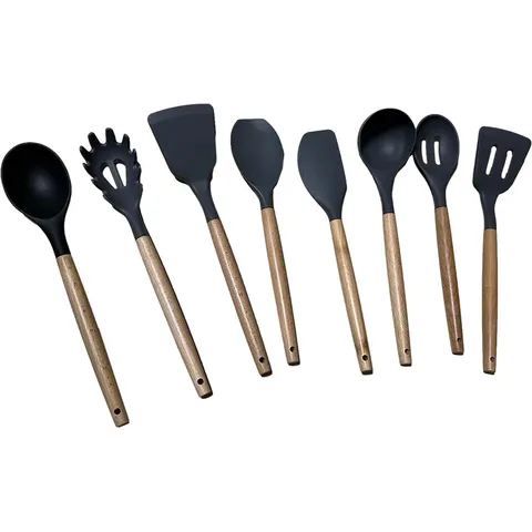 Juego de 8 Utensilios de Cocina de Silicona Con Mango de Madera Herramientas de Cocina Antiadherentes Resistentes al Calor Espátula Cucharón Utensilios de Cocina