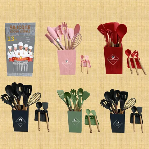 Silicone Kitchen Utensil Set Heat Resistant Cooking Utensils Non-Stick Turner Soup Ladle Tongs Spatula With Wooden Handle Home Cooking Accessories