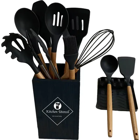 Silicone Kitchen Utensil Set Heat Resistant Cooking Utensils Non-Stick Turner Soup Ladle Tongs Spatula With Wooden Handle Home Cooking Accessories