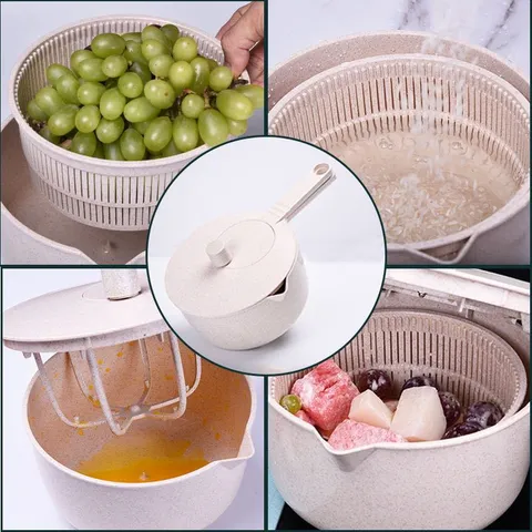 Multifunctional Rice Washer Colander Basket Plastic Kitchen Strainer Salad Spinner Egg Whisk With Lid Handle Kitchen Gadget Tool