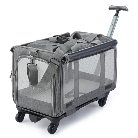Foldable Pet Trolley Case Oxford Fabric Breathable Mesh Dog Cat Travel Carrier Bag With Wheels Rolling Backpack Luggage Carrier