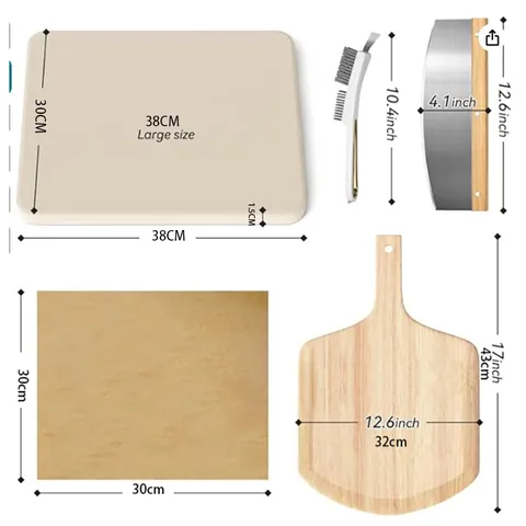 Professional Ceramic Pizza Stone Set With Wooden Peel Stainless Steel Cutter Cleaning Brush And Baking Paper For Home Oven