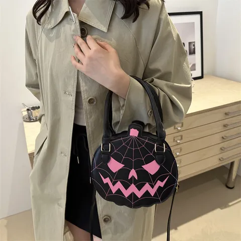Creative Pumpkin Shaped Handbag PU Leather Halloween Crossbody Bag Women Funny Spider Web Shoulder Bag Festive Party Purse