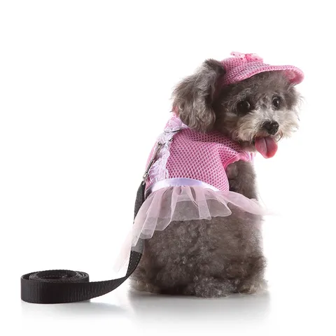 Breathable Mesh Pet Dog Harness And Leash Set Princess Style Plaid Vest With Cute Hat For Small Medium Dogs