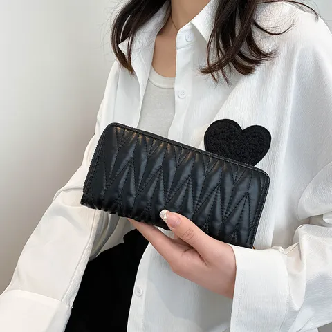 Damen Langes PU-Leder Portemonnaie mit Reißverschluss Mode V-Förmig Gesteppte Handy-Geldbörse Münzfach Geometrisch Gestickt Clutch