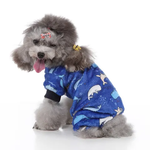 Cute Cartoon Printed Pet Dog Pajamas Four Legged Thickened Fleece Warm Winter Clothes For Small Medium Dogs Cats Soft Comfortable Home Wear