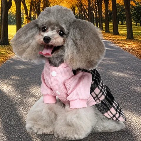 Pet Dog Clothes Winter Warm Four-Legged Polar Fleece Outfit High Collar Plaid Skirt Puppy Apparel