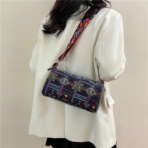 Bolso Tote de Lona Estilo Étnico para Mujer Gran Capacidad Patrón Tejido Geométrico Bohemio Correa Ancha Bolso de Hombro