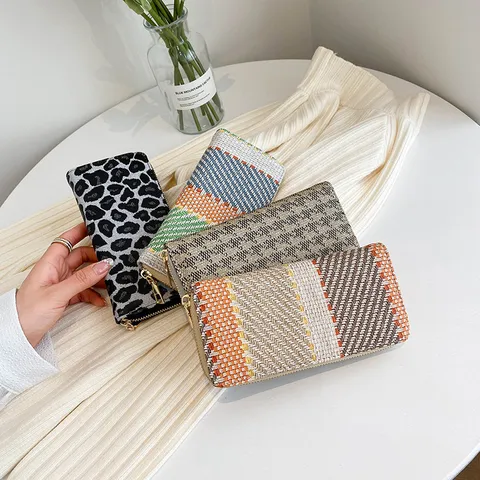 Pochette da Donna in Pelle PU di Grande Capacità Stile Coreano Leopardata a Quadri Intrecciata Portafoglio per Cellulare Moda