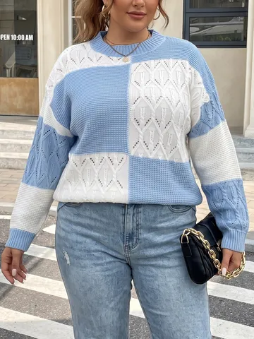 Women Plus Size Long Sleeve Crew Neck Sweater Color Block Plaid Casual Loose Pullover Knitwear Outwear