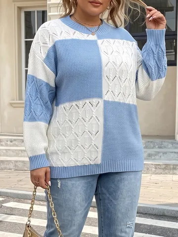 Women Plus Size Long Sleeve Crew Neck Sweater Color Block Plaid Casual Loose Pullover Knitwear Outwear