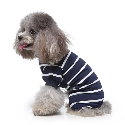 Pet Dog Pajamas Four-Legged Striped Turtleneck Puppy Home Jumpsuit Breathable Polyester Pet Apparel For Small Dogs