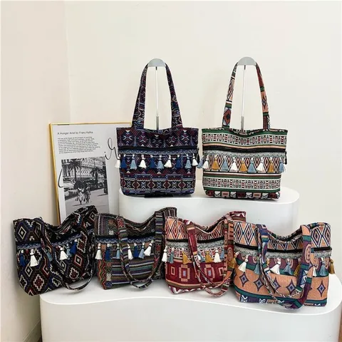 Bolso Tote con Flecos de Estilo Étnico para Mujer Retro Bohemio Geométrico de Lona Tejida Bolso de Hombro Bolso de Mano de Gran Capacidad