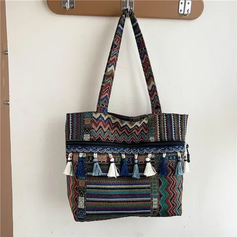 Bolso Tote con Flecos de Estilo Étnico para Mujer Retro Bohemio Geométrico de Lona Tejida Bolso de Hombro Bolso de Mano de Gran Capacidad