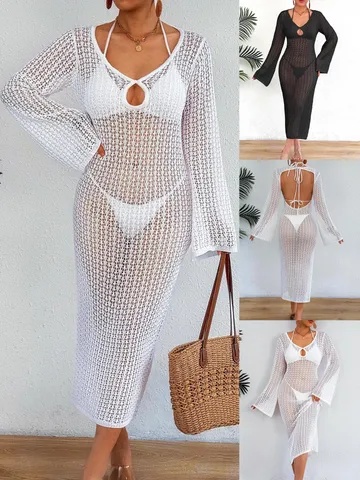Women Sexy Deep V-Neck Hollow Out Crochet Mesh Beach Maxi Dress Flare Sleeve Backless Swimsuit Cover Up Resort Wear