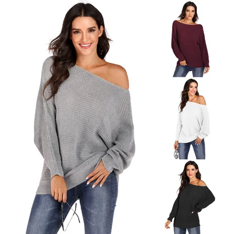 Women's Casual Off Shoulder Irregular Batwing Sleeve Pullover Sweater Fall Winter Loose Solid Color Long Sleeve Knit Top