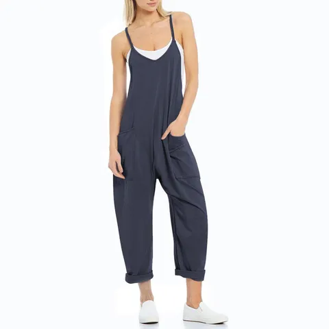 Donna Casual Largo Tuta Tinta Unita Senza Maniche Tasca Bretella Regolabile Gamba Dritta Lungo Romper