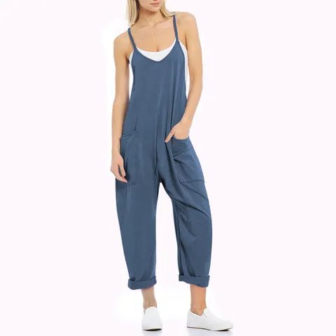 Donna Casual Largo Tuta Tinta Unita Senza Maniche Tasca Bretella Regolabile Gamba Dritta Lungo Romper