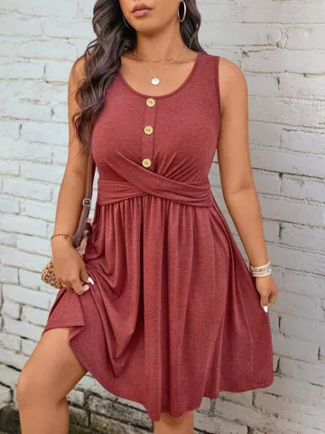 Abito Midi Casual Senza Maniche Tinta Unita Bottoni Vita Incrociata Donna Taglie Forti