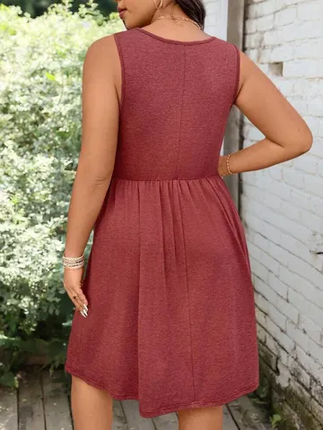 Abito Midi Casual Senza Maniche Tinta Unita Bottoni Vita Incrociata Donna Taglie Forti