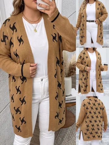Women Plus Size Casual Open Front Jacquard Cardigan Long Sleeve V Neck Geometric Pattern Knit Outerwear Coat