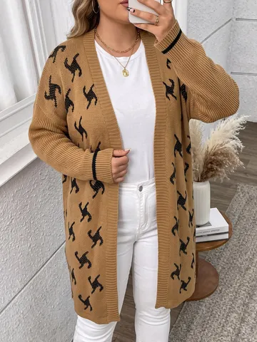 Women Plus Size Casual Open Front Jacquard Cardigan Long Sleeve V Neck Geometric Pattern Knit Outerwear Coat