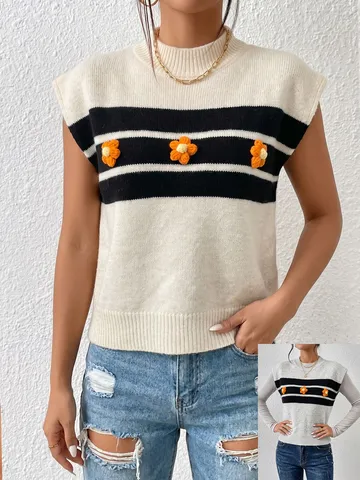Women Casual Knitted Vest Sleeveless Color Block Striped Crew Neck Pullover Top Polyester Fashion Sweater Vest