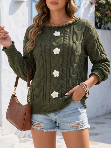 Suéter Pulóver Casual de Manga Larga con Cuello Barco para Mujer Prendas de Punto de Color Sólido con Aplicación Floral de Crochet Hecha a Mano