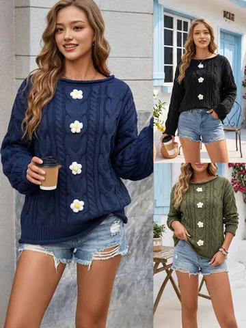 Suéter Pulóver Casual de Manga Larga con Cuello Barco para Mujer Prendas de Punto de Color Sólido con Aplicación Floral de Crochet Hecha a Mano