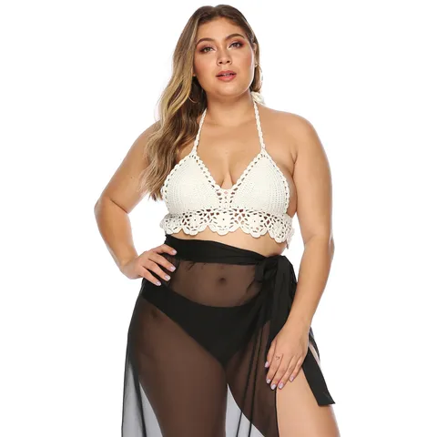 Damen Übergröße Häkel Bikini Top Ethno Fransen Halter Ausschnitt Rückenfrei Sexy Beachwear Weiß Polyester Ajouré Top
