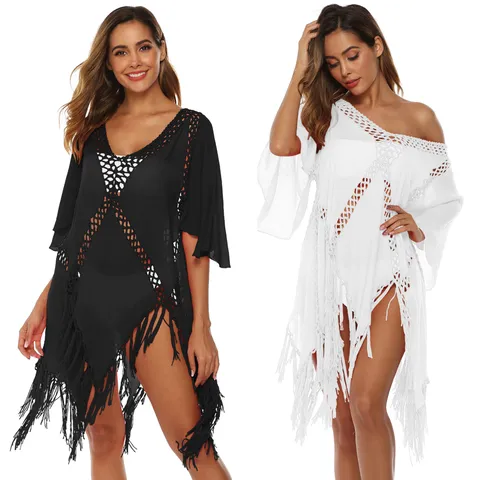 Women's Sexy Bohemian Crochet Beach Dress V-Neck Hollow Out Tassel Cover Up Irregular Bell Sleeve Polyester Summer Resort Wear