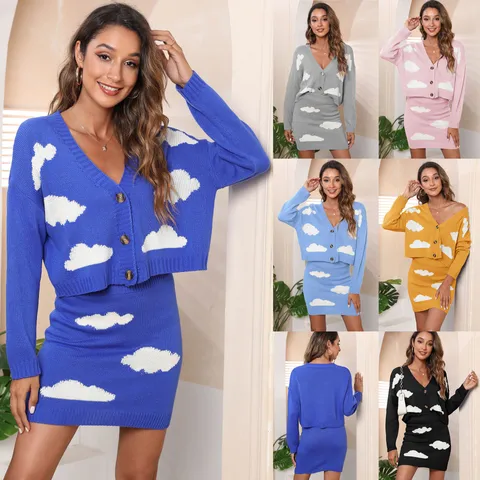 Women Casual Cloud Jacquard V-Neck Cardigan And Hip-Wrapping Short Skirt Knit Two Piece Sweater Set